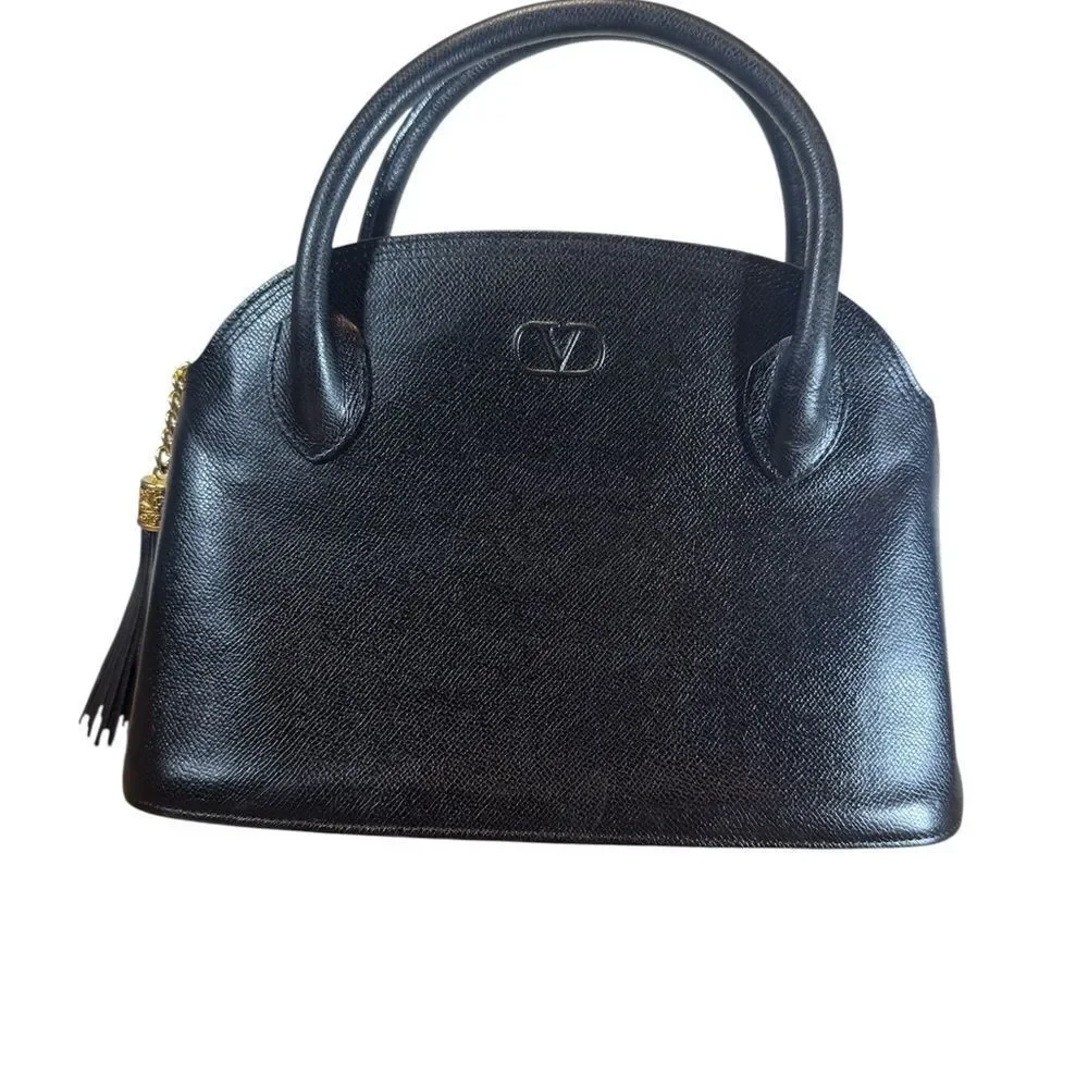 VALENTINO GARAVANI Black Saffiano Leather Bowler Dome Top Handle Bag Vtg Auth